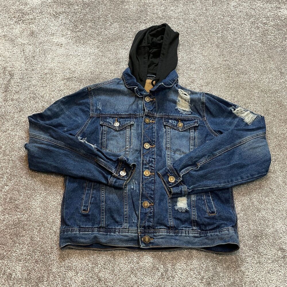 Rue 21 Jean Jacket Womens Small Blue Denim Distressed Dark Wash Black Hooded